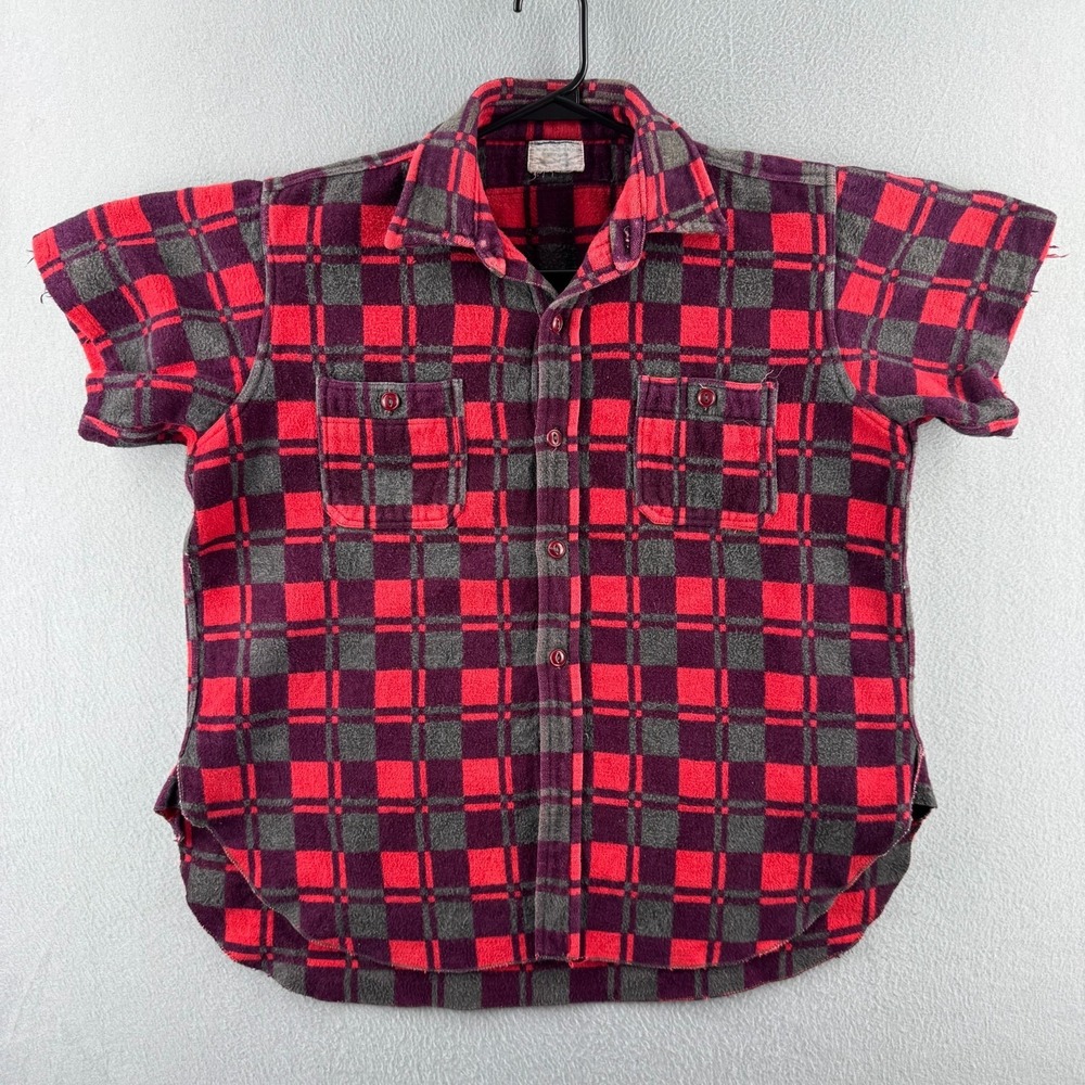 Vintage 60s Chamois Flannel Shirt Mens Large 24x28 Cat Eye‎ Buttons Gussets